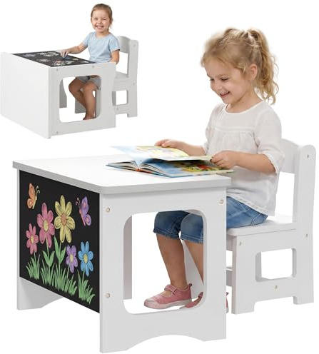 AIYAPLAY Mesa Infantil con Silla, Tablero Reversible, 3-6 Años, Blanco