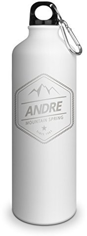 Trinkflasche mit Namen Andre - graviert mit Adventure Layout, Aluminiumflasche mit Gravur, Sportflasche - matt weiß
