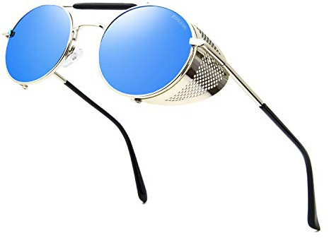 RONSOU Runde Steampunk-Sonnenbrille Unisex mit Seitenschutz | Retro-Metallrahmen, TAC-Gläser mit UV400; ideal für Partys, Autofahren, Reisen, Festivals und Alltag.