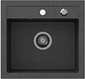 VBChome Spülbecken 50 x 47 cm Schwarz Spüle Einzelbecken Küche Einbauspüle Verbundspüle Küchenspüle gesprenkelt flächenbündig + Siphon Waschbecken