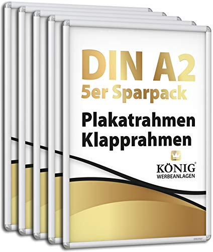 Dreifke 5 Plakatrahmen DIN A2 | abgerundete Ecken | 25mm Alu Profil, silber | inkl. entspiegelter Schutzscheibe | Alu Klapprahmen Wechselrahmen Posterrahmen | 5er Sparpack