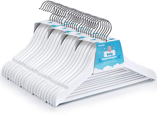 Homewit Baby kleiderbügel Holz, 24 Stück Kinder Kleiderbügel aus Holz mit Rockkerben und Hosensteg, 360 Grad drehbar, für Mädchen & Jungen Baby Bügel - Weiß - 30cm