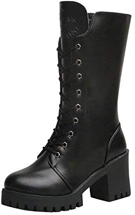 Bottes Cheville Femme Lacets Talons Hauts Retro Chaussures de Ville PU Cuir Classique Chelsea Bottines de Moto Occasionnels Ankle Boots Mode (39,Noir)
