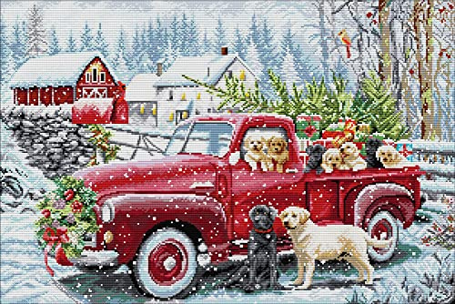 Awesocrafts Kreuzstich Stickpackungen Vorgedruckt Weihnachten Lieferwagen Hunde Bilder Vorlagen Sticken Set Vorgedruckt 14CT 2 Stränge