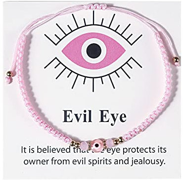 COLORFUL BLING Evil Eye Beaded Knots Bracelet Handmade Amulet Turkish Eye String Rope Adjustable Bracelets for Women Men Family Protection Good Luck Bracelet Braided Charms(Pink)
