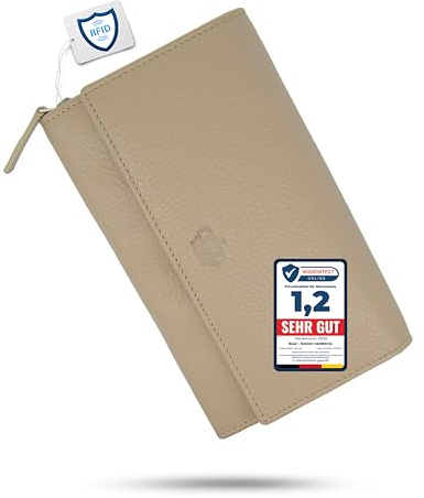 Baur Damen Geldbörse Echt Leder Geldtasche | Geldbeutel mit RFID Schutz |großes Portemonnaie viele Kartenfächer |Wallet mit Druckknopf |Portmonee |Damen-Geldbörsen |Damengeldbörsen (Taupe)