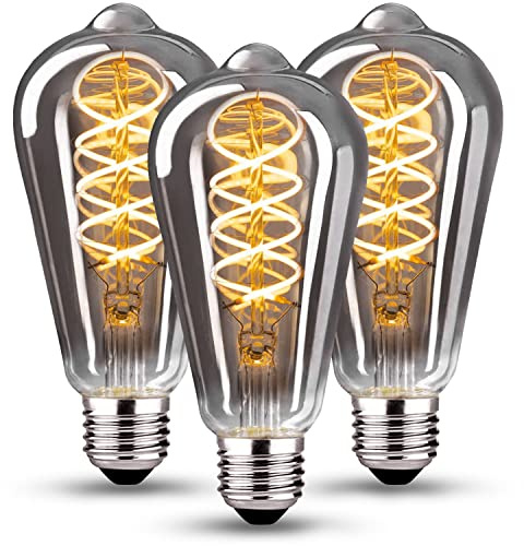 KANQIAO Edison Vintage Glühbirne E27, E27 LED Vintage Dimmbar 6W Retro Glühbirne LED Filament Lampe Warmweiß Ideal für Nostalgie und Retro Beleuchtung im Haus Café Bar，Rauchgrau Glas- 3 Stück (ST64)