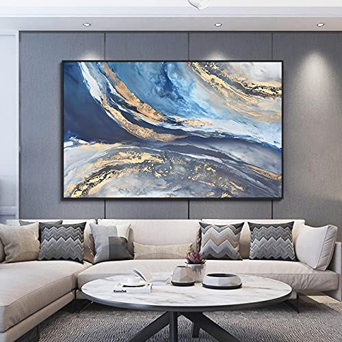 Abstrakt landskap Blå och guld Oljemålning Canvastavlor Nordic Wall Art Posters Canvas Tavlor Bilder Heminredning 70x100cm Ramlösa
