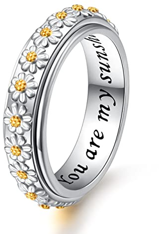 Bague de marguerite pour soulager l'anxiété anneaux spinner You Are My Sunshine Fleur Fidget Bague en argent sterling TDAH Bague anti-stress pour femmes et filles, 64 (20.6 mm), Argent sterling