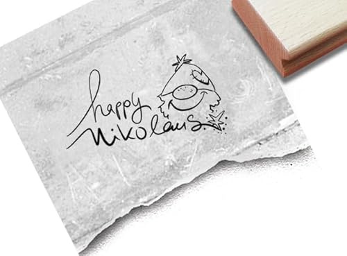 Stempel Happy Nikolaus - Textstempel mit Wichtel Gnom - Nikolaus Stempel Karten Geschenkanhänger Basteln Nikolausdeko Scrapbook - von zAcheR-fineT (klein ca. 48 x 25 mm)
