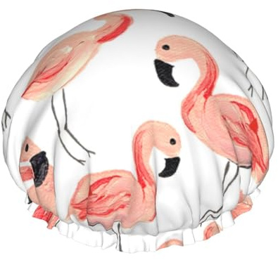 Duschhauben mit Flamingo-Muster für Damen, elastische, wiederverwendbare Bade-Haarkappe, Umweltschutz-Haar-Badekappen, doppelte wasserdichte Bade-Duschmütze