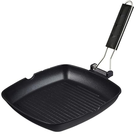 VIRSUS Bistecchiera Quadrata in Alluminio 534, Misura 26x26 cm, colore Nero, Padella per Piastra Induzione, Manico Pieghevole Antiscottatura, Grill Antiaderente per Carne Pesce e Verdure