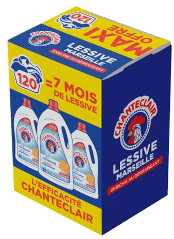 Chanteclair - Lessive Liquide Concentrées Marseille, Enrichie au Dégraissant, Ultra Détachantes et Efficaces aussi à Froid, 40 lavages - 1800 ml x 3