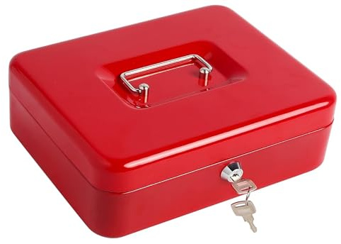 Kippen 10032R4 - Caja de caudales con bandeja para monedas, color rojo. Dimensiones: 300 x 240 x 90 mm.