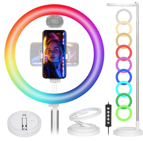 TARION Selfie Ring Light With Stand - 11.8 RGB Foldable Ringlight, 17 Lighting Modes, Desktop Phone Holder & Cold Shoe Mount, 20.5-66.5in/52-169cm Tall Video Beauty Light White
