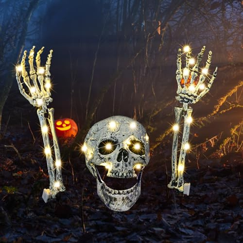 ZZXLOPEZ Halloween Deko Outdoor Skeleton Stakes, Skelett Halloween Deko Garten Gruselig, Friedhofsdeko Gruselig Schädel mit 3m Lichterkette, Skeleton Dekorationen für Garten Rasen Party Dekorationen