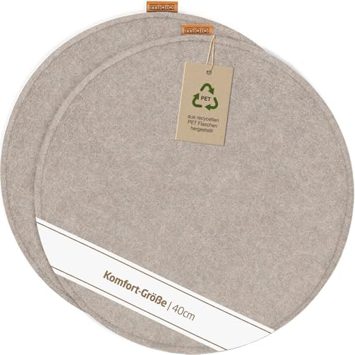 Miqio Design Filz Sitzkissen XL Rund mit Antirutschnoppen | 40cm | 2er-Set | Indoor und Outdoor | Nachhaltig aus recycelten PET Flaschen | Waschbare Stuhlkissen rutschfest | beige