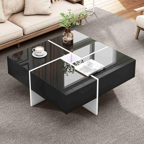 KOMHTOM Table Basse carrée Noire, Table Basse Coffre Moderne avec 4 tiroirs Table d'appoint Meuble de Salon (B, Noir)