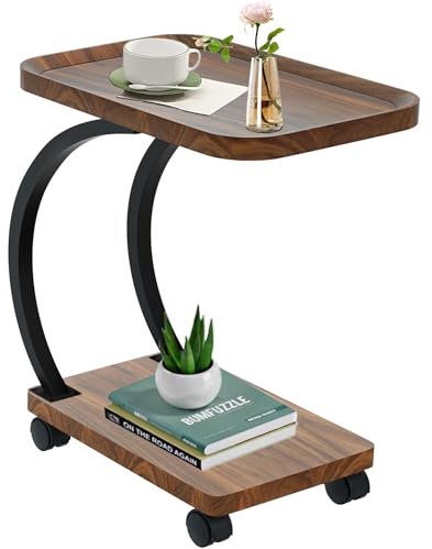 Beistelltisch C Form | Beistelltisch Couch mit Rollen | Kleiner Couchtisch Holz haben Nussbaum Finish | Einfach Montierbar Industrie-Design | beistelltische fürs Wohnzimmer Schlafzimmer