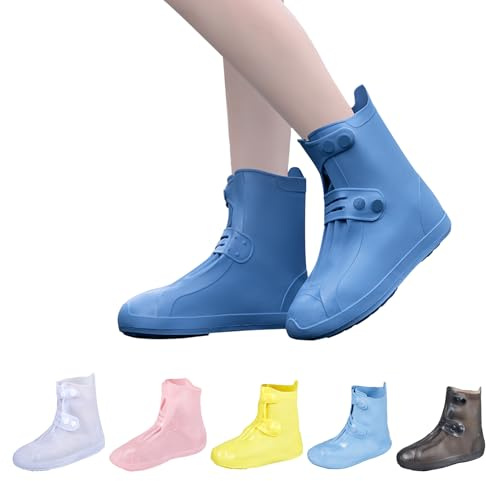 Dream Apparel Waterproof Rain Shoe Covers for Women Men, Non-Slip Reusable Foldable Boot Covers Rainproof Overshoes Over Shoes Galoshes (Blue, Size L)