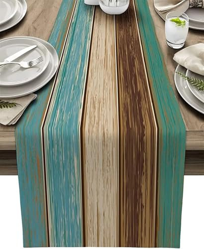 BOFIBO Tischläufer Home Tischwäsche Türkis blau grün Holz gestreift Leinen Tischläufer Kommode Schals Dekor for die Küche Für Partys, Hochzeiten, Esstische(160x33cm59x13inch)