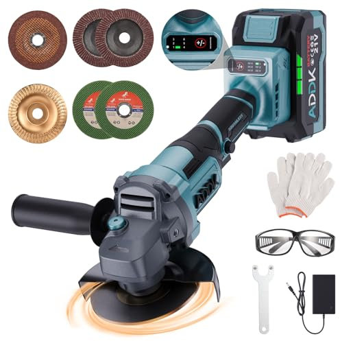 BFYDOAA Amoladora angular de batería, 125 mm, 9000 rev/min, motor sin escobillas, cortadora con batería de 4.0 Ah, 6 velocidades para rectificar, cortar y pulir (accesorios 1)