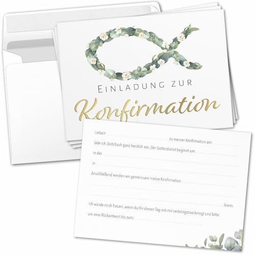 8 Einladungskarten Einladung Konfirmation mit Umschlag zum selber ausfüllen - Kirche Konfi Einladungen Postkarten Umschläge Modern Fisch Blüten