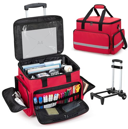 CURMIO Borsa per Insegnante con Ruote, Borsa da Lavoro per Insegnanti con Trolley e Manica Imbottita per PC portatili Fino a 14, Rosso