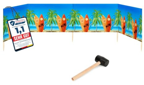 Garronda 5 m lang Windschutz Strand Sichtschutz mit Gummihammer GAEX001 | Windfang für Camping und Strandtage, praktisches Strandzubehör mit Holzstäben, als Sichtblende und Windbarriere im Sand