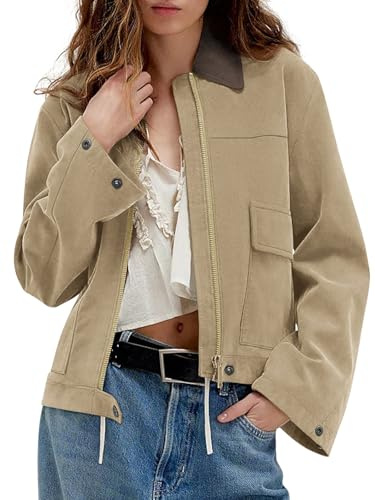 COCCKO Cropped Jackets Women Fleece Zip Up Jackets Fall Winter Contrast Collar Faux Suede Coats with Pockets Khaki M