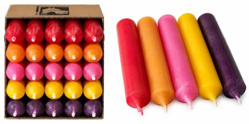 Kerzenfarm Hahn kurze Stabkerzen Bunt - Kerzenset 25 Stück - Premium Qualität Made in Germany - 22mm Durchmesser, 10cm Länge bunte Kerzen durchgefärbt - Stabkerzen pastellfarben - Tafelkerzen Set 1
