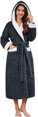 Niwicee Bademantel Damen Flauschig mit Kapuze Langer Winter Bademantel Warme Kuschelig Baumwolle Hausmantel Fleece Frottee Morgenmantel