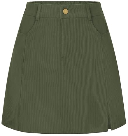 Belle Poque Women's Corduroy Skirt Flared A-Line Mini Skirts with Pockets Autumn Winter Basic Short Skirts Army Green M