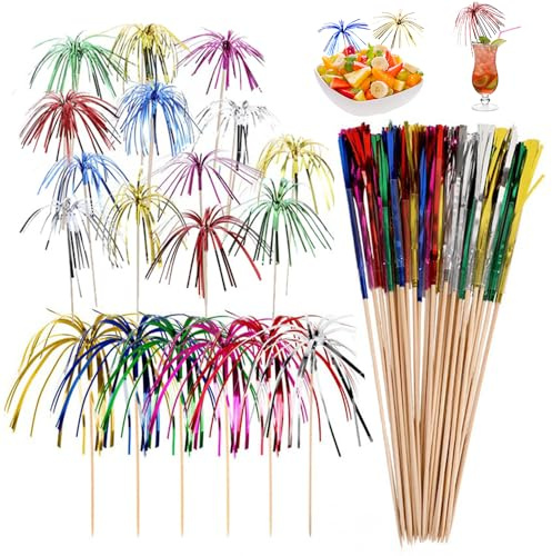 KINDOYO Palillos para Cócteles Palillos Madera para Cóctel Palillos Cócteles de Fuegos Artificiales Decorativo para Frutas Pasteles Bares Fiestas de Cumpleaños decoración de cócteles 100 Piezas