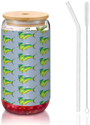 YBGHDAA Green Fish Printing - Vaso de cristal con tapas y popote, 473 ml, ideal para whisky, cerveza, té