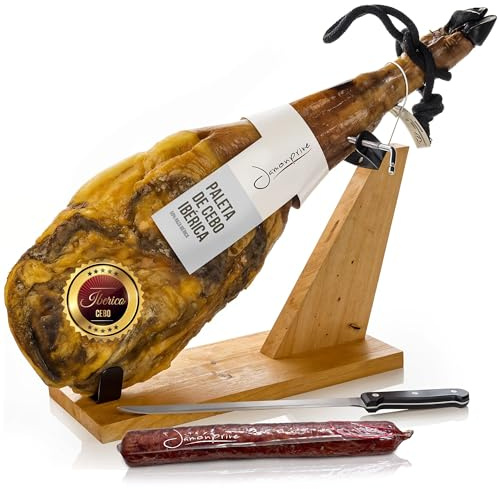 Iberisk Cebo Skinka 4–4,5 Kg med Skinkhållare, Kniv & Iberisk Chorizo – Perfekt Ibérisk Skinkaxel för Gourmetgåva, Högtider och Degustation – Paleta Ibérica de Cebo – Jamón Ibérico