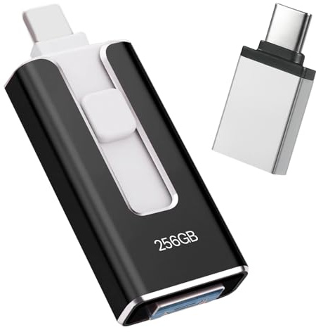 Chiavetta USB per iphone 256GB, [MFi Certificata] Unità Flash USB 4 in 1 per iphone/Android/PC, USB 3.0, Trasferimento Ultra Veloce 【Senza App】Espandi Memoria, Nero