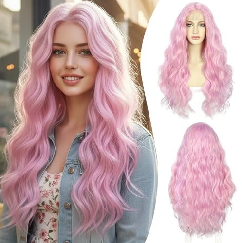 Sapphirewigs Lace Front Perücken für Frauen Hell Pink Highlights Wellige synthetische Perücke Lace Front Lange Haare Cosplay Party Daily Wear Hitzebeständige 24 inch