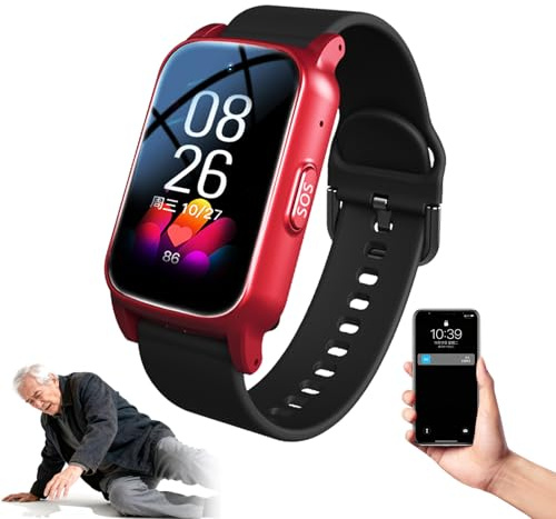 EaThsalL Montre Urgence Senior Connectée Anti Chute Détecteur De Chute Traceur pour Personnes Âgées Suivi GPS en Temps Réel Bracelet Personne Agee Autonomie Longue S5-Red
