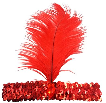 Feder Stirnband Damen 20er Jahre Kopfschmuck Karneval Haarband mit Federn Fasching Cosplay Kostümparty Zubehör (Red, One Size)