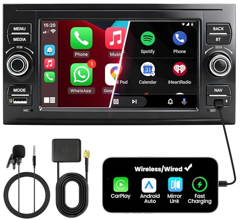 FLUXEONS dubbel DIN bilradio med skärm för Ford Transit Fiesta Focus Mondeo Kuga, Wireless CarPlay & Android Auto, 7 tums bilradio pekskärm, 4 GB 64 GB, Bluetooth 5 GHz WiFi DAB FM AUX GPS
