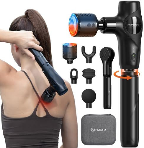 NAPRE 3-in-1 Mini Massage Gun with Heat and Cold,Deep Tissue Back Massage with Detachable Handle for Neck/Body Pain Relief,Portable Handheld Percussion Muscle Massager,Small & Quiet,5 Heads,with Case