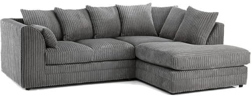 JSB Northwest Ltd - Dylan L-Shape Jumbo Cord Fabric Sofa | 4 Seater Corner Sofa | Scatter Cushions - Luxurious Living Room Furniture | Made in UK (Grey, Right-Hand Facing)