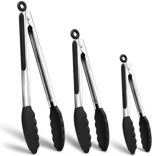 Premium Stainless Steel Kitchen Tongs Set of 3, 7 9 12 Inch Locking Cooking Tongs with Silicone Tips, Non Scratch Serving Tongs for BBQ, Salad, Grill, Frying and Kitchen Cooking, Black