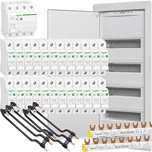 WITTKOWARE Hohlwand Elektro-Verteilungsset, Kleinverteiler 4-reihig, FI-Schalter 40/0,03A, 24x Sicherungsautomaten B 16A, Verdrahtungsbrücken, Phasenschienen