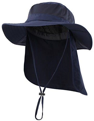 Magracy Unisex Outdoor Wide Brim Sun Hat with Neck Flap Mesh UPF50+ Safari Fishing Hat Navy Blue
