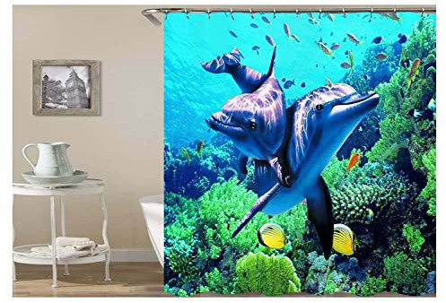 KnSam Duschvorhang Anti-Schimmel Wasserdicht Vorhänge an Badewanne Bad Vorhang für Badezimmer Unterwasserwelt Delphin 100% PEVA inkl. 12 Duschvorhangringen 150 x 180 cm