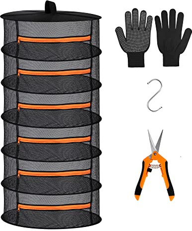 Desy & Feeci 6-lagiges Netz-Abtropfgestell zum Aufhängen von Kräutern, Trockennetz mit orangefarbenen Reißverschlüssen