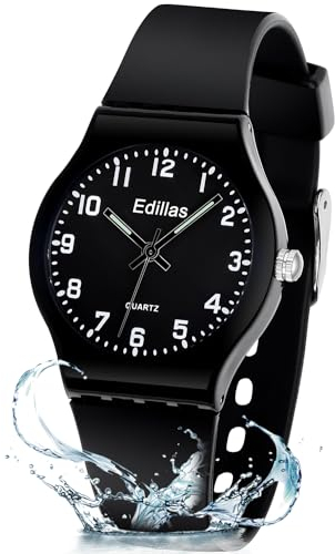 Edillas barnklockor, barn analog kvartsur för pojkar flickor barn vattentät tid lära klockor, färgurtavla mjukt band handled för barn sport utomhus armbandsur, Svart 8816, armband