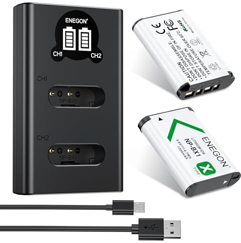 ENEGON Akku NP-BX1 (1300mAh 2-Pack) und LCD-Ladegerät passend für Sony NP-BX1 und Sony ZV-1, Cyber-Shot DSC-RX100, DSC-RX100 II/III/M4/M5/M6/M7/Ⅳ/Ⅴ/Ⅵ/Ⅵ/Ⅶ/VA, DSC-RX100M II, HDR-CX405